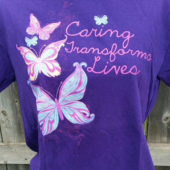 Butterfly Graphic Tee in Purple, Pink & Light Blue "Caring Transforms Li… - Picture 2 of 2